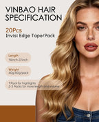 VINBAO Invisi Edge Seamless Tape in Hair Extensions Human Hair 18in 50g 20pcs Chocolate Brown to Caramel Blonde Balayage Injected Tape-ins Extensions Natural Look 18inch #4/27/4