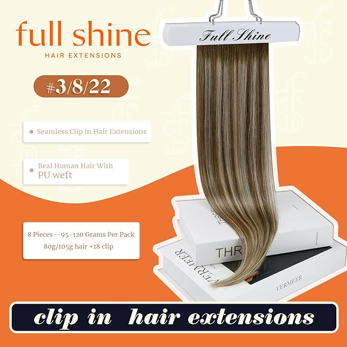 Full Shine 22 Inch Real Hair Extensions Clip in Brown Balayage Ombre Brown to Light Blonde Mix Brown Human Hair Extension Clip ins for Long Hair Add Volume 8 PCS 120 G