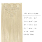 WENNALIFE Seamless Clip In Hair Extensions Human Hair, 16 Inch 130g 7pcs Bleach Blonde Real Hair Extensions Clip in Human Hair Invisible PU Skin Weft Natural Remy Human Hair Extensions