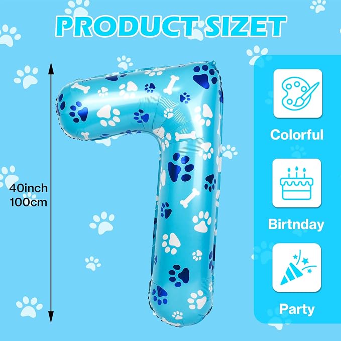 40 Inch Blue Dog Paw Birthday Balloons, Number 7 Balloons - Image 2