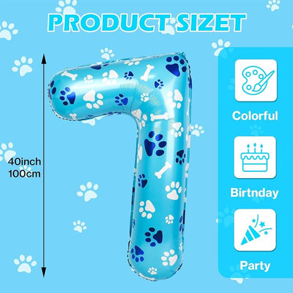 40 Inch Blue Dog Paw Birthday Balloons, Number 7 Balloons - Image 2