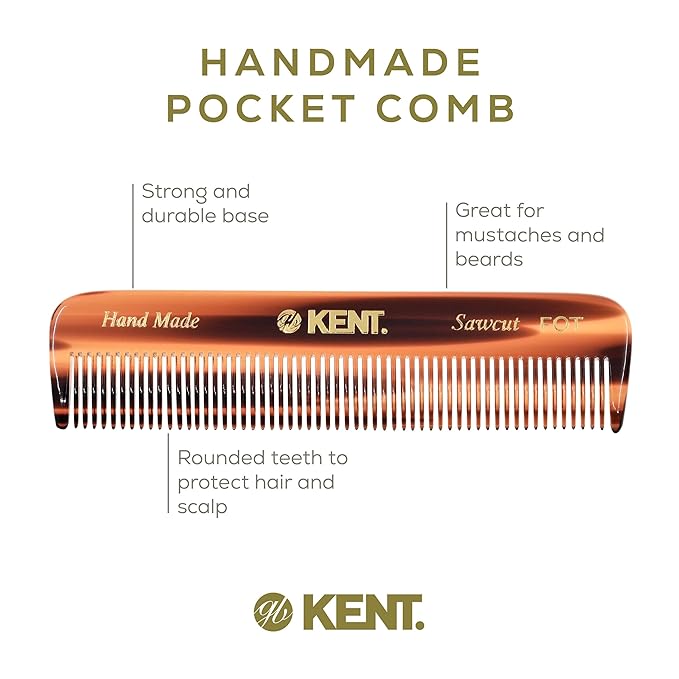 Kent A FOT Handmade Tortoiseshell All Fine Tooth Pocket Comb for Men, Hair Comb Straightener for Everyday Grooming Styling Hair, Mustache Beard, Saw Cut and Hand Polished, Made in England