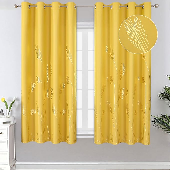 Yellow Blackout Curtains for Bedroom, Room Darkening Gold Palm Tree Pattern by ESTELARTEXTILER