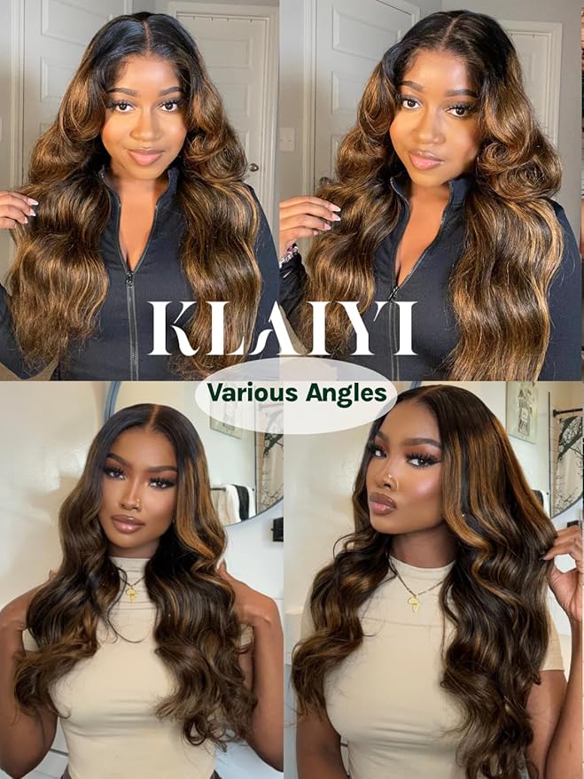 KLAIYI Bye Bye Knots Glueless Ombre Brown Body Wave Pre Cut 7x5 Lace Front Wigs Human Hair Drawstring Pre Plucked Bleached Pre Everything Ready to Wear and Go Wig Highlight Balayage Colored Wig 22Inch