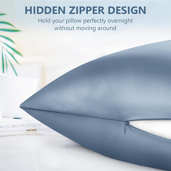 Silk Pillow Cases 2 Pack King Size Mulberry Silk Pillowcase Set of 2 for Hair & Skin 36 x 20 Inches 22 Momme Both Sided Grade 6A Silk Soft Breathable Cooling with Hidden Zipper, Grey Blue