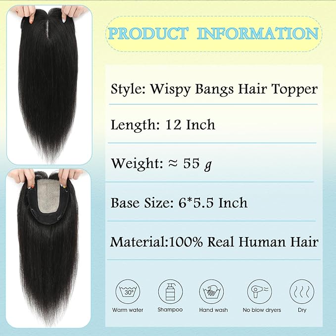 Hair Toppers for Women Real Human Hair, 360° 3D Toppers Pieces for Women with Thinning Crown Wispy Bangs 12 Inch Upgrade Big Basement Black, 12 Inch Wispy Bangs