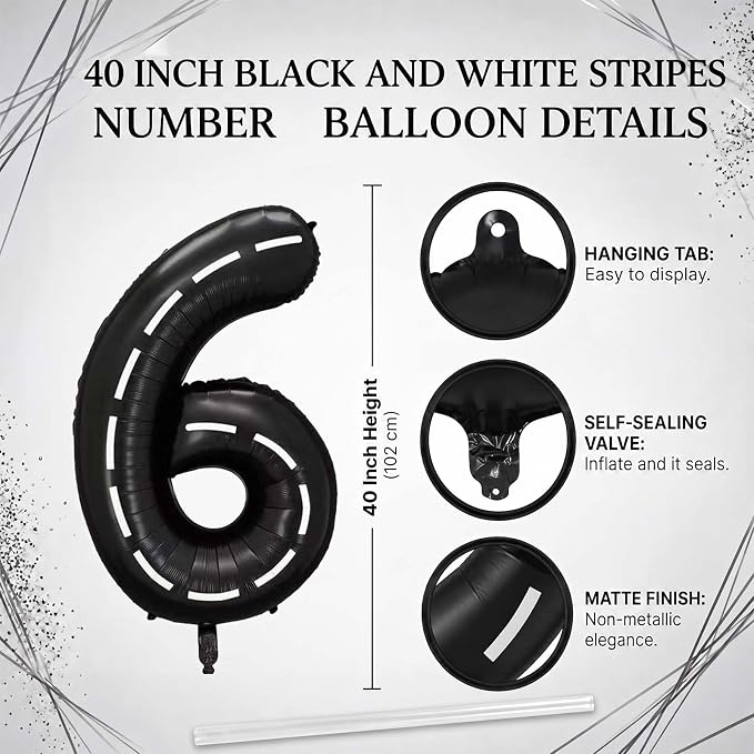 Black and White Stripes Number 6 Balloon 40 Inch, Road Finish Numeral | - Image 4
