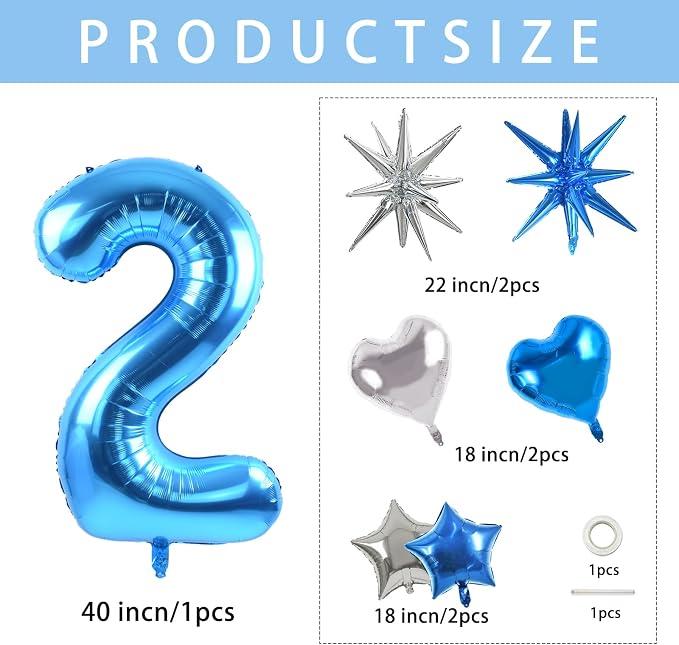 TONIFUL 2nd Birthday Balloons Kit 40 Inch Blue Large Number 2 Foil Balloon | - Image 2