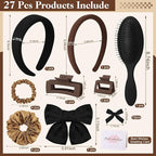 Hair Accessories Kit for Women, 27 PCS Set Included Hair Scrunchies, Claw Clips, Bow Clips, Hair Brush and Headband Hair Gift for Women (Neutral Color)