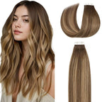 Lacer Human Hair Extensions Tape in 14 Inch Chocolate Brown to Dark Caramel Blonde Silky Straight Adhesive Soft Glue in Brazilian Hair Extensions 20 Pcs 50 Grams