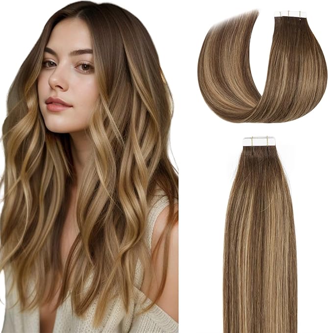 Lacer Human Hair Extensions Tape in 14 Inch Chocolate Brown to Dark Caramel Blonde Silky Straight Adhesive Soft Glue in Brazilian Hair Extensions 20 Pcs 50 Grams
