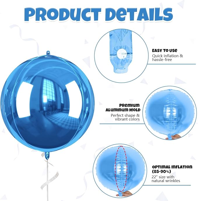 Blue an Gold Balloon Foil, 22 Inch 4D Metallic Balloons, Round Foil Balloons - Image 8