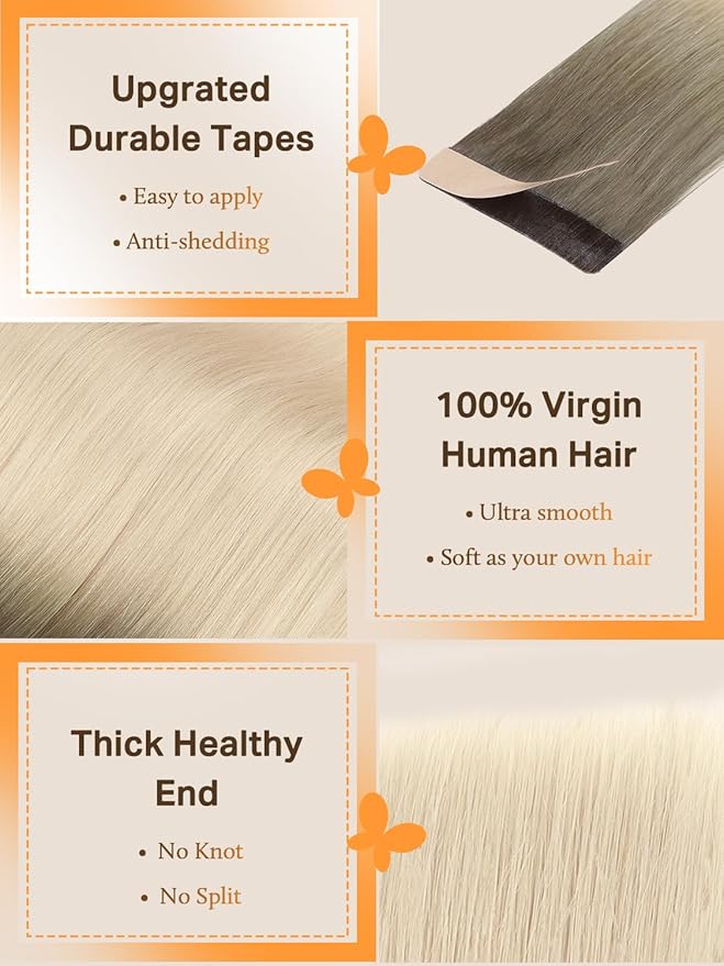 DOORES Tape in Balayage Light Ash Brown to Ash Blonde 20 Inch 40pcs 100g Human Hair Extensions Real Human Hair Straight Skin Weft