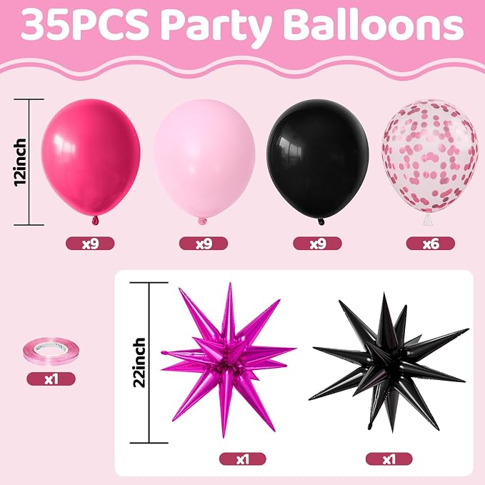 Pink And Black Balloons, 12inch Hot Pink Black Balloons, Confetti Balloon 2pcs - Image 2