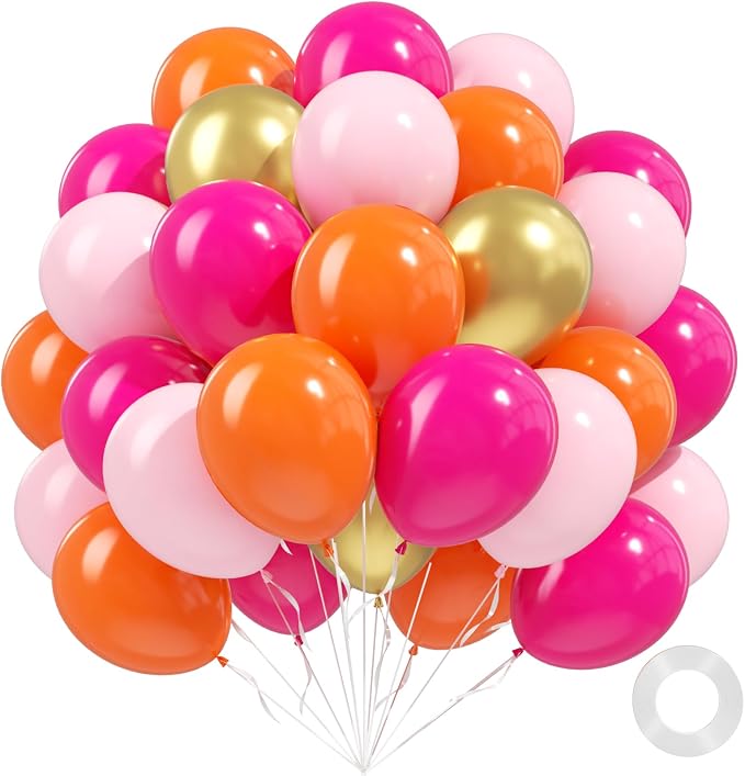 60pcs Pink and Orange Balloons 12inch, Metallic Gold Hot Pink Orange Balloons by Unknown