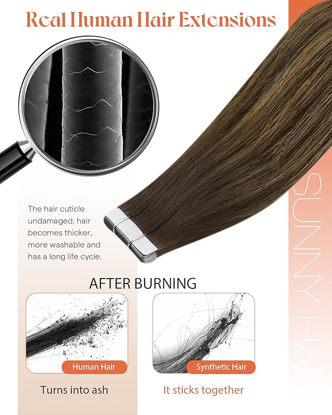 Sunny Hair Tape in Hair Extensions Real Human Hair Invisible Remy Hair Extensions Tape ins for Women Dark Brown Root to Caramel Blonde Balayage 22 inch 20Pcs 50G