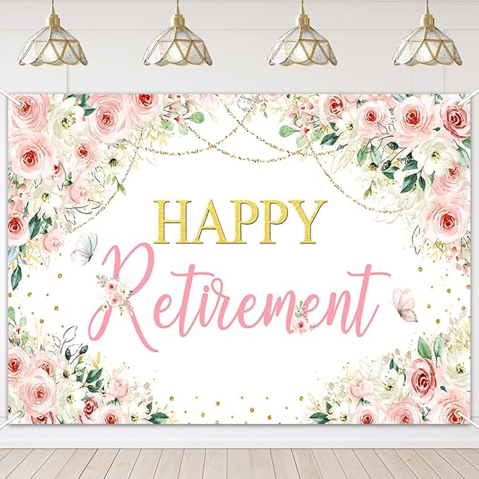 Mocsicka Happy Retirement Backdrop Pink Floral Women Retirement Banner Party by Mocsicka