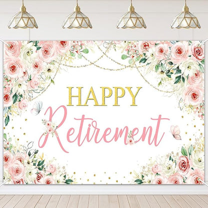 Mocsicka Happy Retirement Backdrop Pink Floral Women Retirement Banner Party by Mocsicka