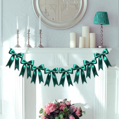 2 Strings of 16PCS Dark Green Bow Garlands Banner Decoration, Pre-Strung Satin - Image 7