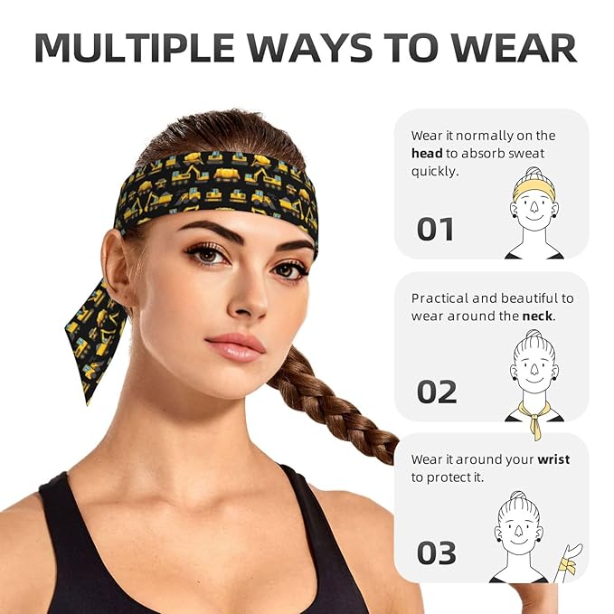 Men's Women Cool Black Yellow Buldozer Excavator Construct Machines Sports Sweatbands Multipurpose Novelty Head Ribbon Headdress for Yoga Workout Shower