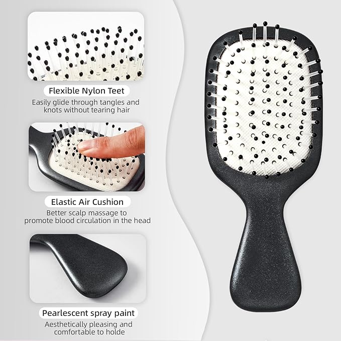 Mini Hair Bursh for Women Men and Kids, Protable Travel Size Hair Brush for Pockets Purses, Mini Detangler Brush for All Hair Types, Small Paddle Brush for Detangling (Black)