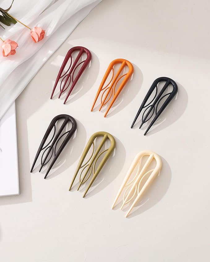 French Hair Pin for Women - U-Shaped Hair Fork for Updos, Chignons & French Twists, Durable Acrylic, Secure & Elegant Styling for All Hair Types (Deep Colors (Glossy))