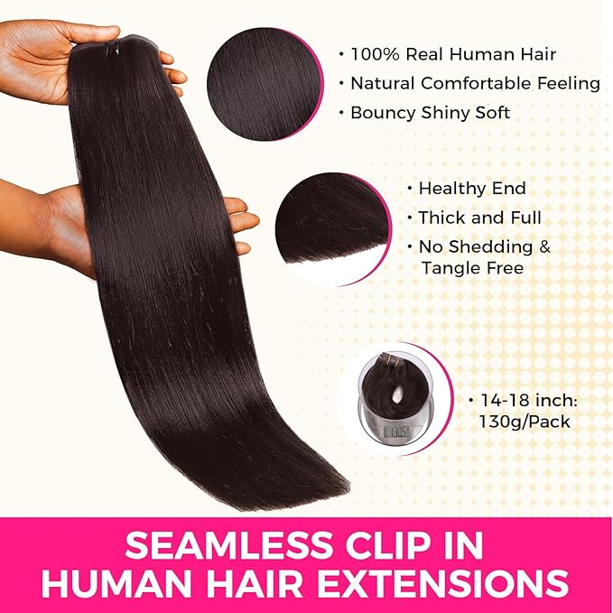 Lashey Seamless Clip in Hair Extensions Human Hair 130g 18 Inch 9pcs #2 Dark Brown Light Yaki Straight Full Pack Clip in Hair Extensions for Women