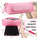 Large Hair Tools Travel Bag with Heat Resistant Mat for Straighteners, Curling Iron, Haircare Accessories, Hair Styling Tools Bag with Silicone Mat (Pink)