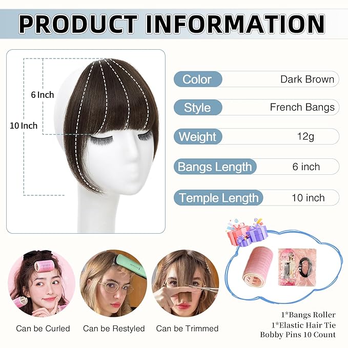 Clip In Bangs for Women, Dark Brown French Bangs Hair Clip with Temples, 100% Real Human Hair Layered Curved Fringe for Halloween and Daily Use(Dark Brown, French Bangs)