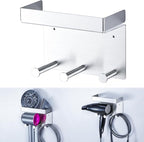 Hair Dryer Holder Wall Mounted, Stainless Steel Blow Dryer Holder for Attachments Storage, Hair Tool Organizer with Plug&Cord Hook, Adhesive Hairdryer Hanger for Bathroom, Silver