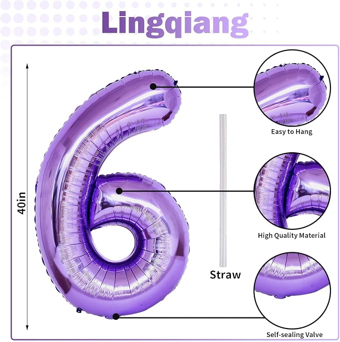 60th Birthday Balloons Purple for Women, 40 Inch Giant Mylar Foil Number 60 - Image 2