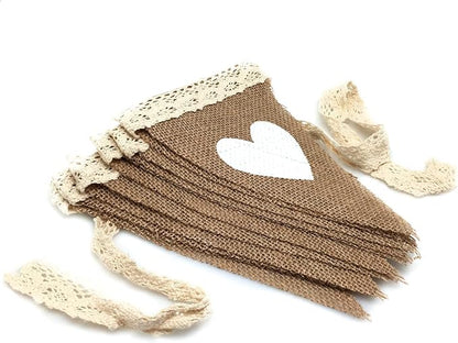FQTANJU 12Pcs Vintage Heart Jute Burlap Bunting Banner Hessian Flag - Image 2