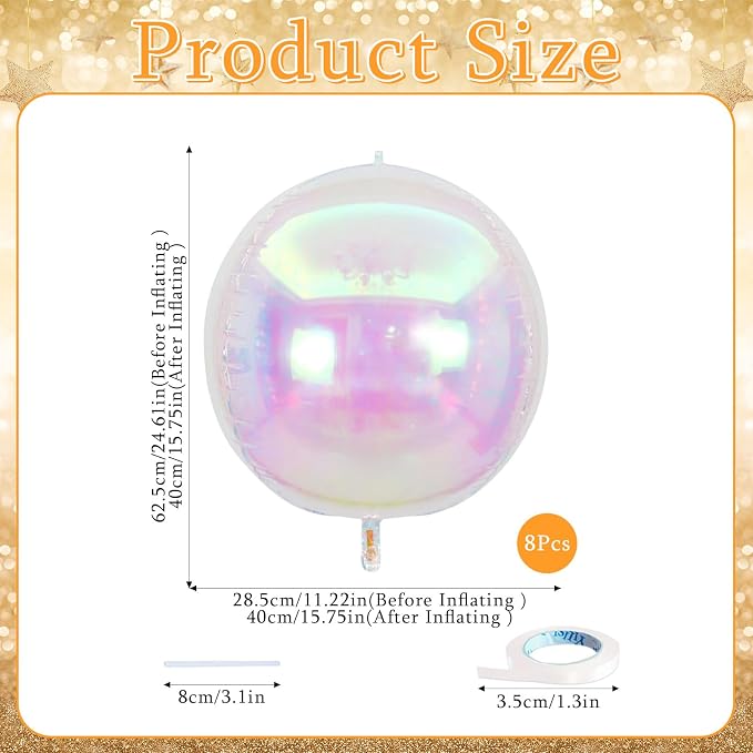 8 Pcs Iridescent Round foil Balloons, 4D Iridescent Mylar Orbz Round Balloons - Image 7
