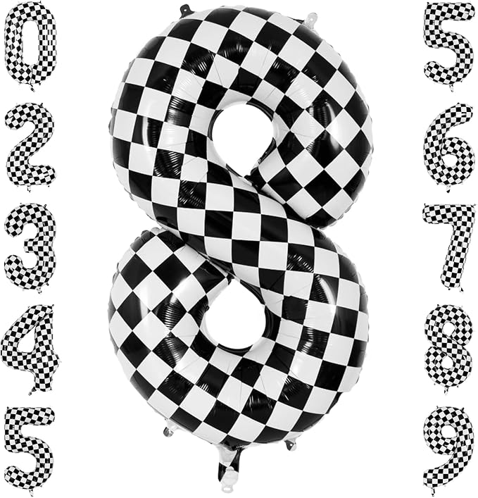 40 Inch Checkered Number 8 Balloon, Large Foil Black and White Number Balloons by Unknown