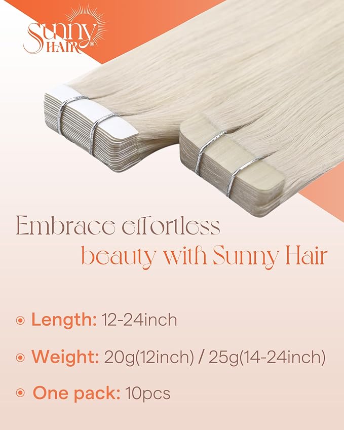 Sunny Hair Tape in Hair Extensions Real Human Hair Invisible Remy Hair Extensions Tape ins for Women White Blonde 14 inch 25G