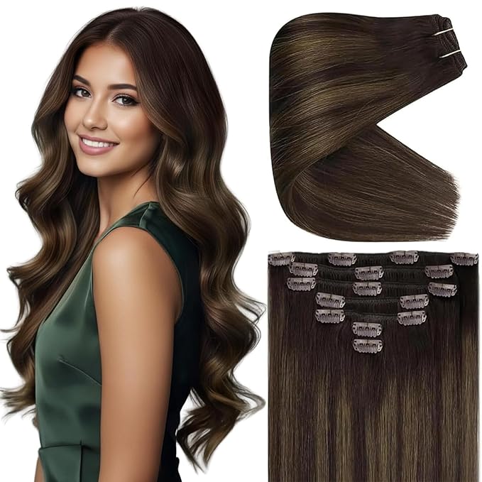 Ve Sunny Clip in Hair Extensions Real Human Hair 20inch Human Hair Clip in Extensions Dark Brown with Medium Brown Remy Hair Extensions Clip ins for Women 120g