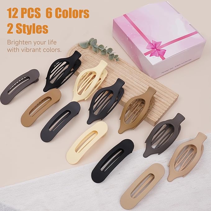 Picoway 12 Pack Flat Hair Clips for Women, 2 Styles Flat Claw Clips, Matte No Crease Strong Hold Non-slip Barrettes for Thick & Thin Hair, Stocking Stuffers for Girls