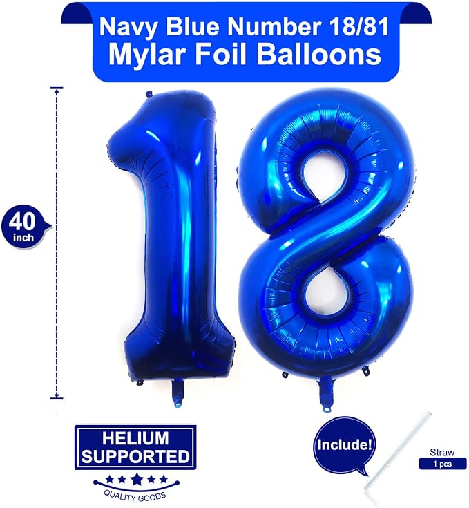 40 Inch Navy Blue 18 Number Balloons Giant 18 Balloons Navy Blue Birthday 18 - Image 2