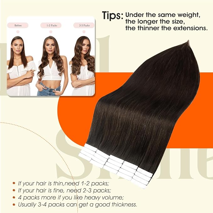 Full Shine Tape in Hair Extensions Human Hair Color 2 Darkest Brown Remy Invisible Tape ins Human Hair Extensions 28Inch Long Straight Seamless Skin Weft 50Gram 20Pcs for Women Add Length