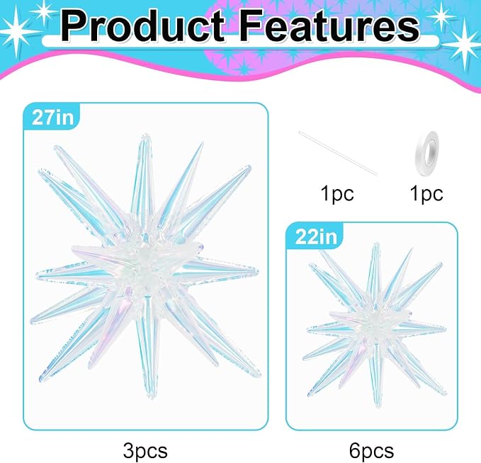 9Pcs Iridescent Star Balloons, Mylar Spike Balloon - Image 2