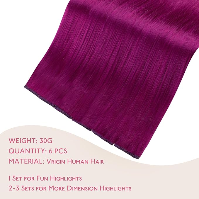 WENNALIFE Violet Clip in Hair Extensions Real Human Hair 35g 6pcs 16 Inch Colored Hair Extensions for Kids Women Colorful Hair Pieces Pop-up Style Straight Extensiones De Cabello Humano Con Clip