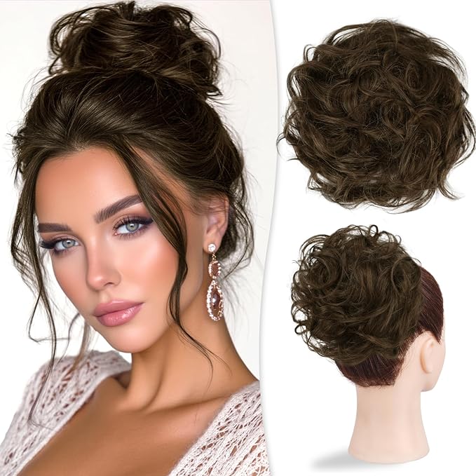 RUWISS Large Messy Bun Hair Piece for Women 100% Human Hair Layered Wavy Curly Hair Buns Thick Updo Hairpiece for Daily Wear Scrunchies Ponytail Extension (Natural Medium Brown)