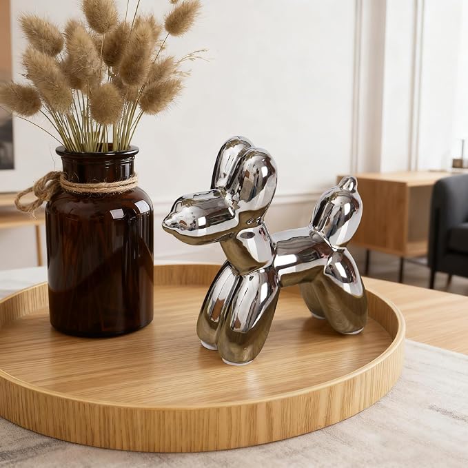 Notakia Silver Balloon Dog Ceramic Statue, Handmade Small Modern Animal Figurine - Image 5