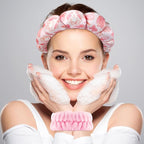 Zkptops Spa Headband for Washing Face Wristband Set Sponge Makeup Skincare Velvet Fabric Bubble Soft Get Ready Hairbands for Women Puffy Headwear Non Slip Thick Thin Hair Accessory(Pink Bow)