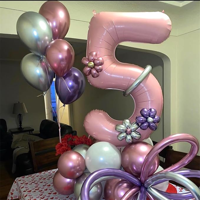 Light Pink Balloon Number 5, 40 Inch Large Self Inflating Foil Number Balloons - Image 4