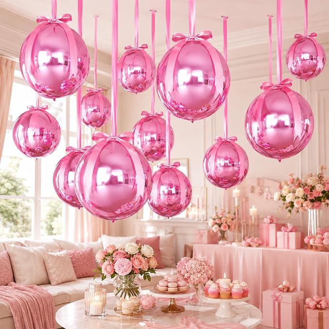 Pink Round Foil Balloons with Satin Bows and Ribbon - Image 5