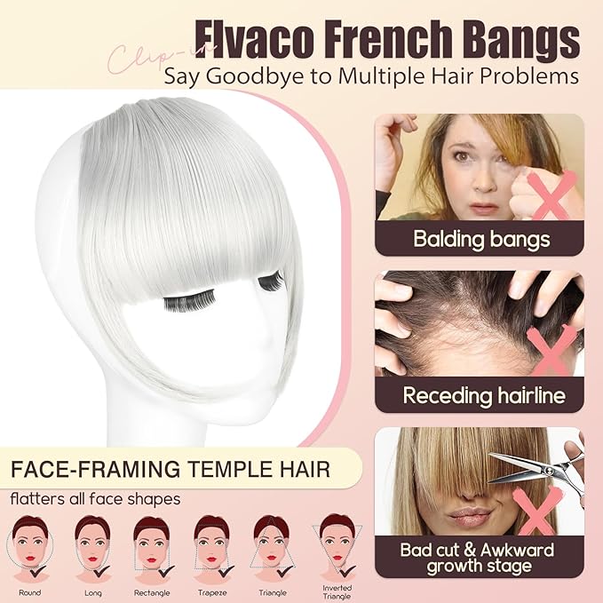 Clip in Bangs, Synthetic French Bangs Hair Clip, Silver Grey Fake Bangs Fringe with Temples Hairpieces for Women Natural Curved Hair Extensions for Daily Wear