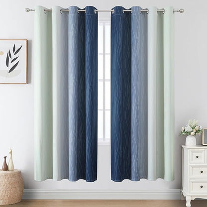 Navy Blue and Sage Green Ombre Blackout Curtains 72 Inch Length 2 Panels - Image 2