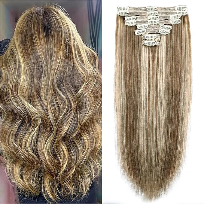 Straight Clip In Hair Extensions Real Human Hair 8Pcs Clip In Balayage Chestnut Brown Highlight Blonde Human Hair Extensions with 18Clips Lace Weft 120g 18inch