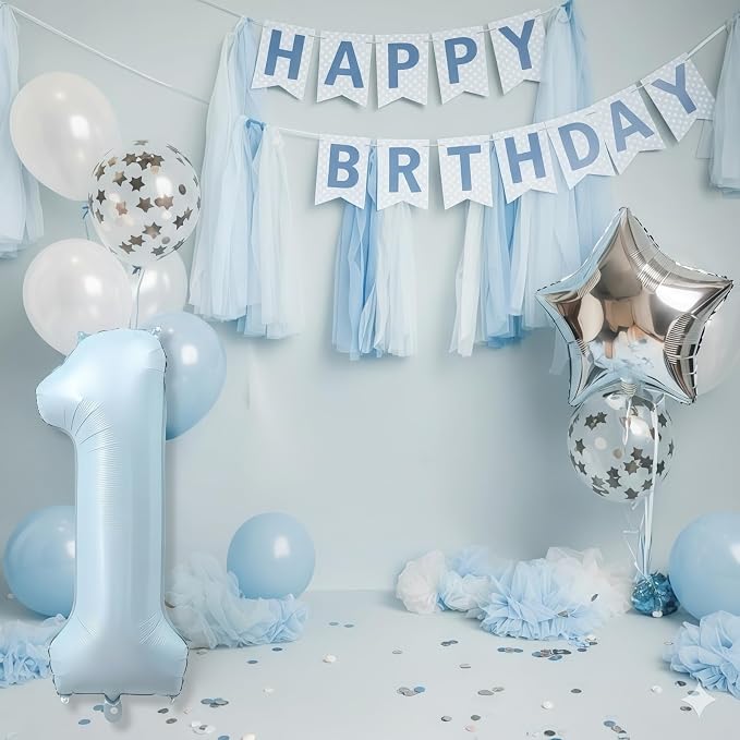 Big Number 1 Balloons, Light Matte Sky Blue Foil 1 Balloon Numbers 40 Inch - Image 3